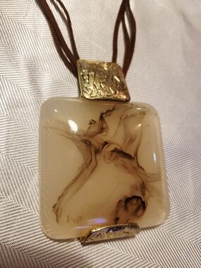 Statement Necklace w/ Marbled Resin Pendant, 32" Suede-like Cord.